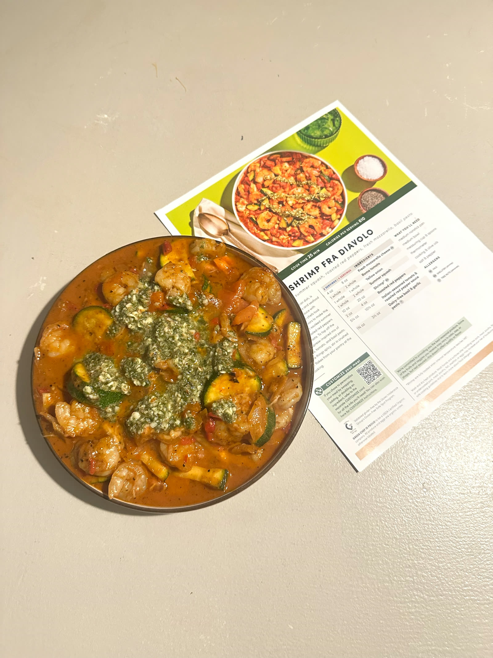 The finished Shrimp Fra Diavolo, cooked at home from the Green Chef kit